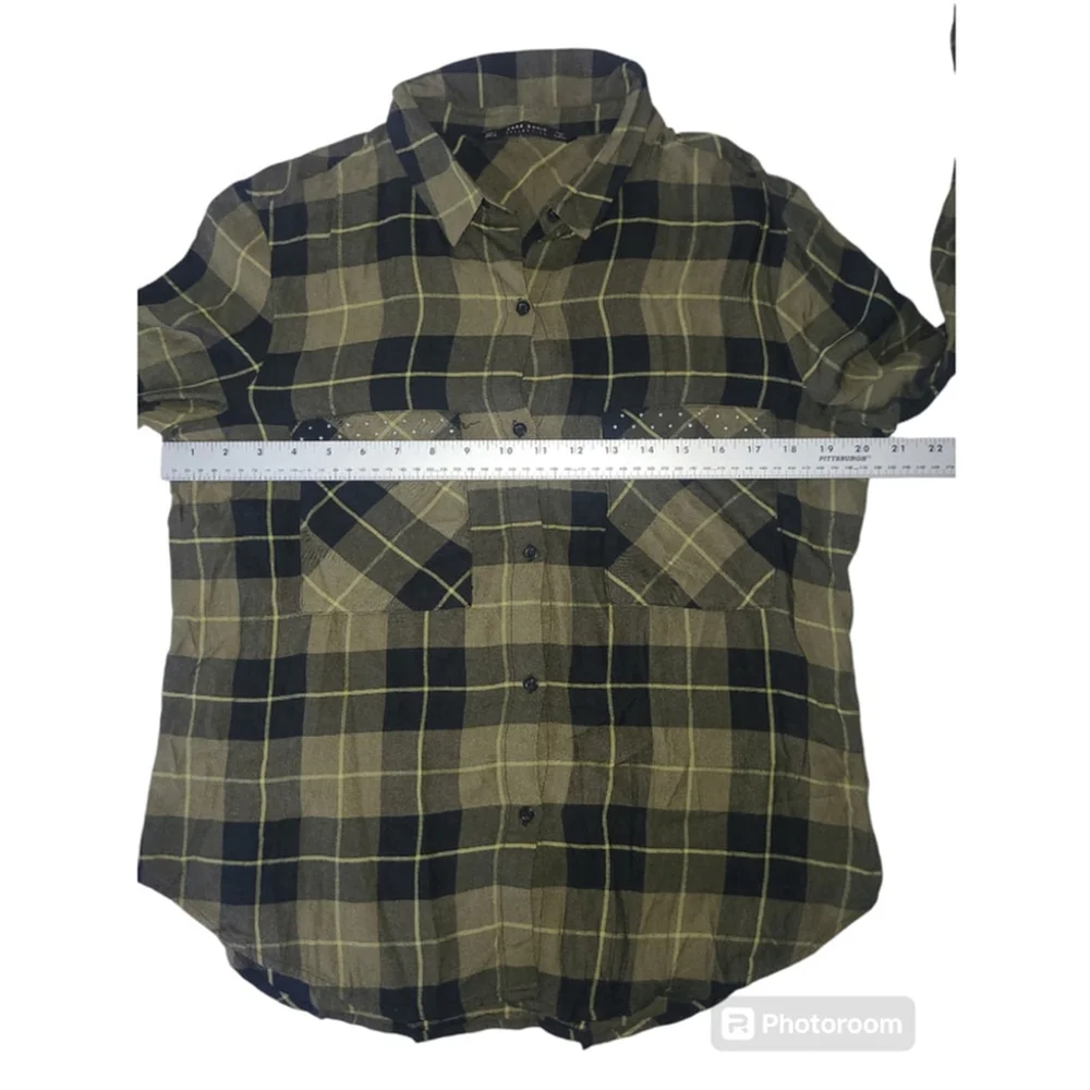 Women Zara Basic Shirt Green Black Plaid L